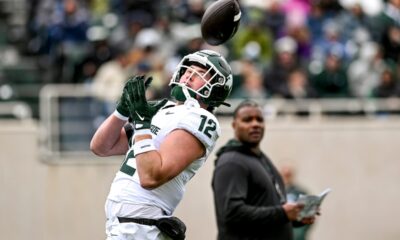 Michigan State football tight end Jack Velling catches a pass during the spring game.