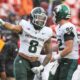 Former Michigan State football running back Jalen Berger celebrates a first down at Rutgers.