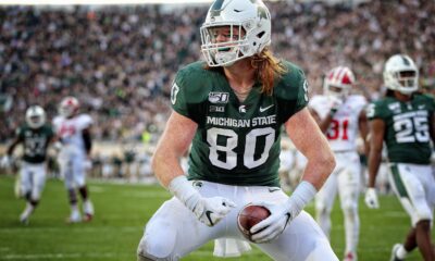 Michigan State football tight end Matt Seybert celebrates a touchdown.