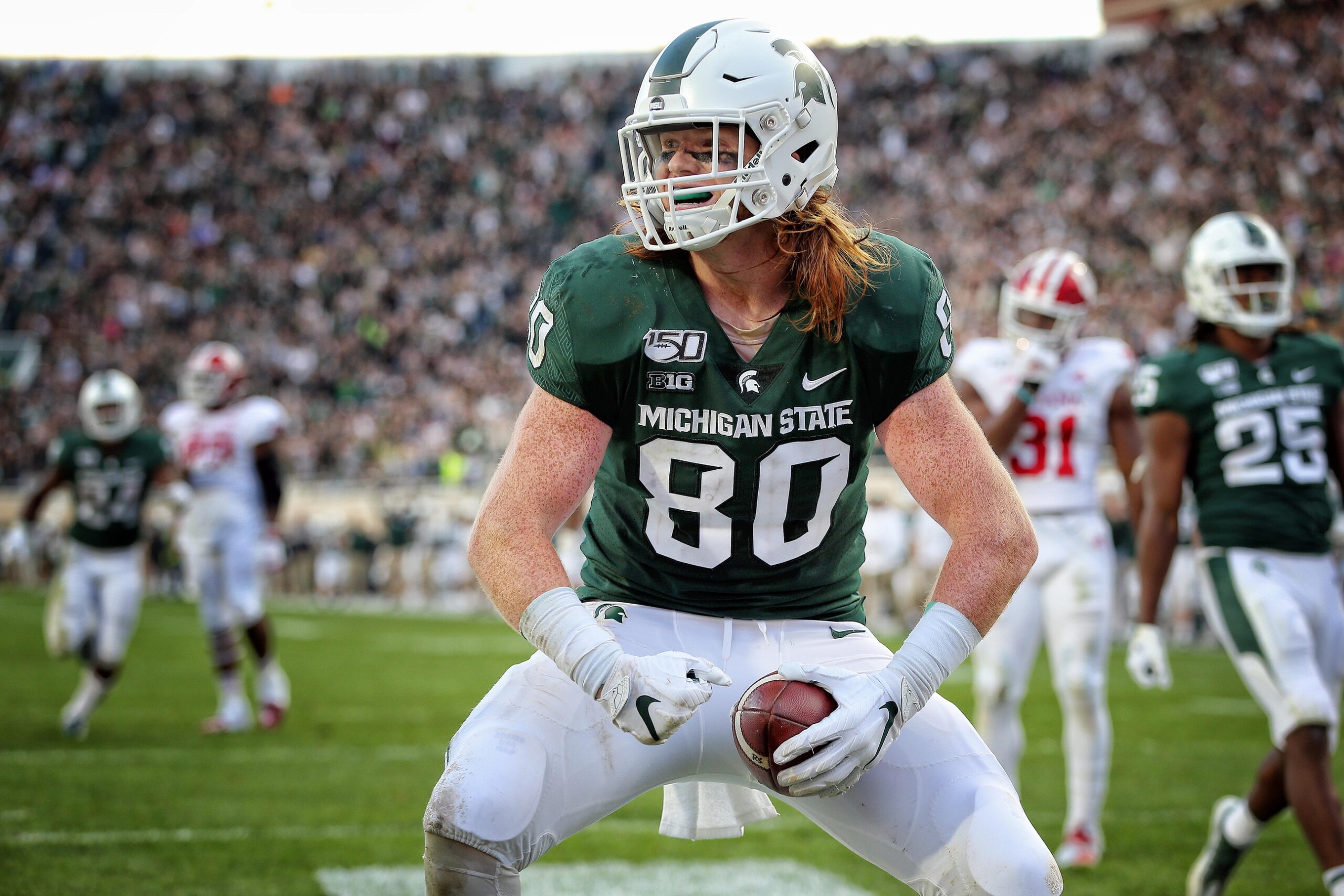 Michigan State football tight end Matt Seybert celebrates a touchdown.