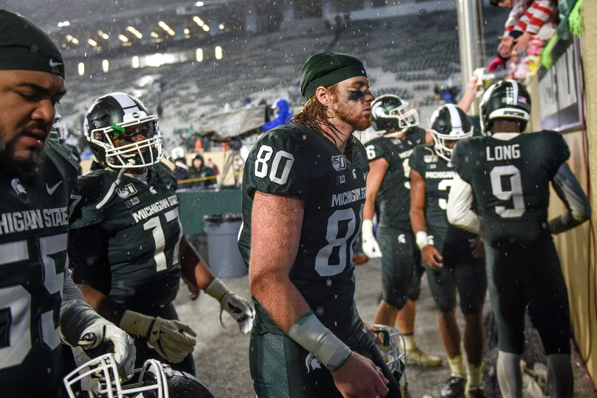 Former Michigan State football tight end Matt Seybert walks off the field.