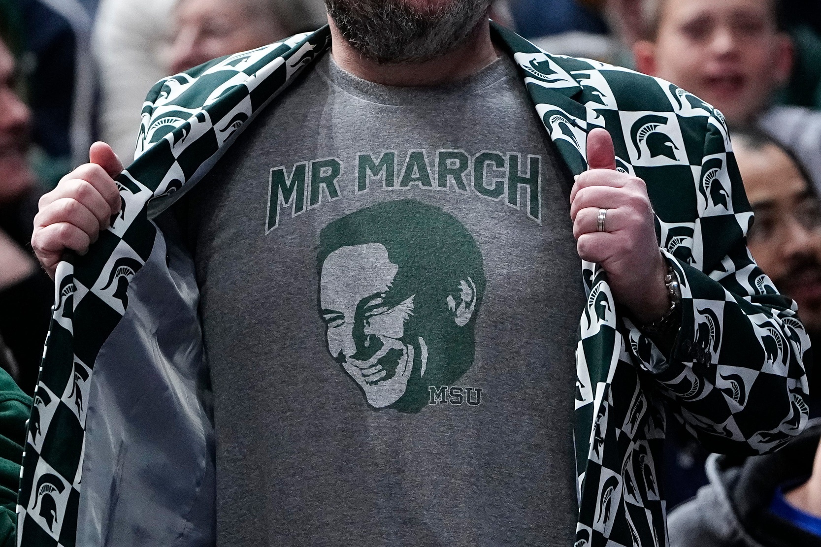 Michigan State basketball coach Tom Izzo on a "Mr. March" shirt.