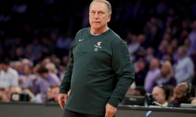 Michigan State basketball coach Tom Izzo roams the sidelines.