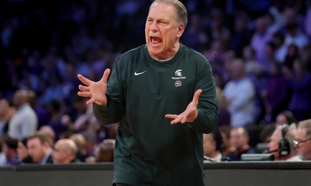 Michigan State basketball coach Tom Izzo yells to officials.