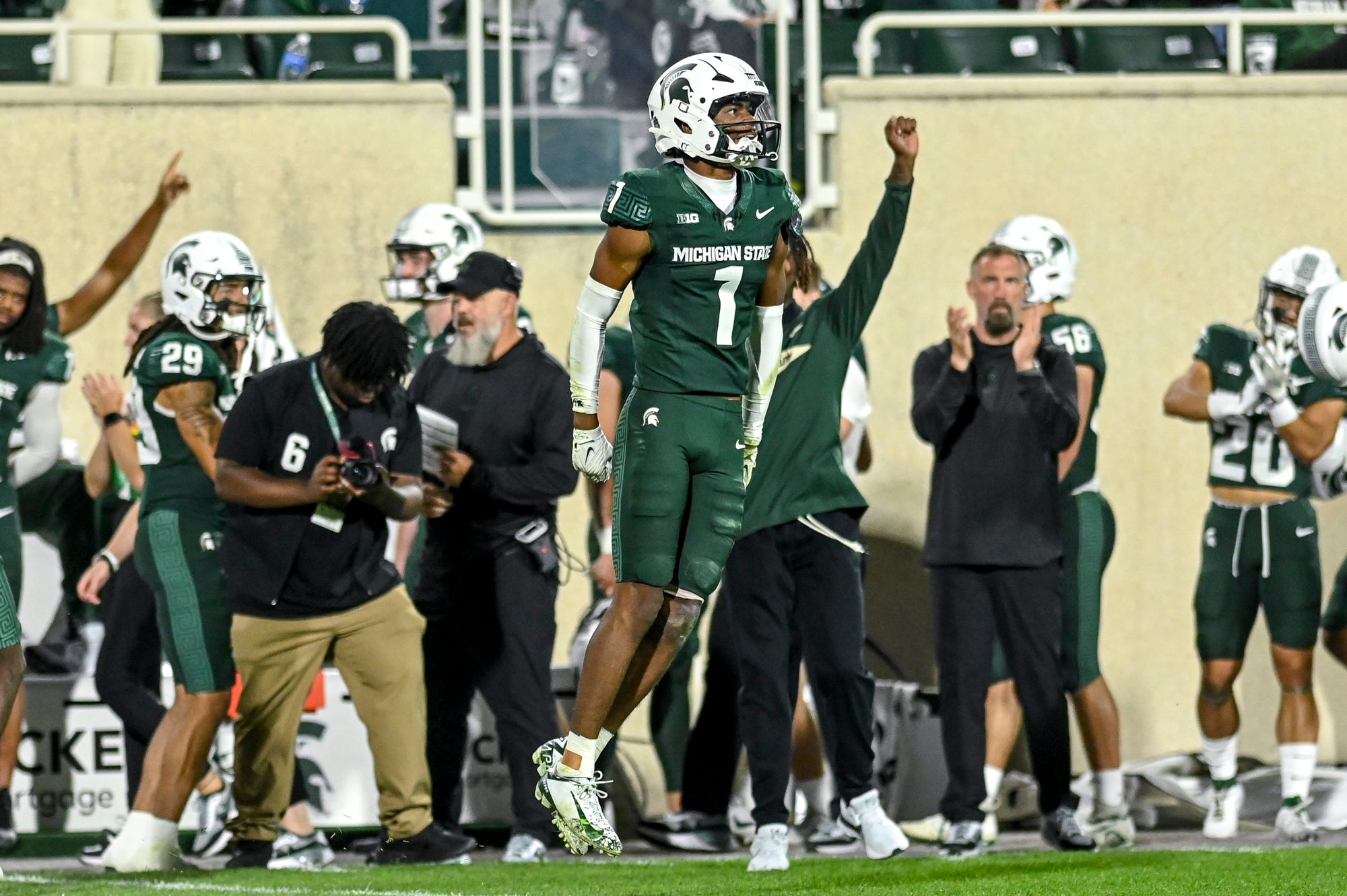 Former Michigan State football safety Jaden Mangham celebrates a defensive stop.