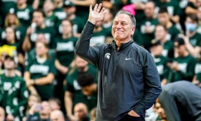 Michigan State basketball coach Tom Izzo on the sidelines reacts to a call.