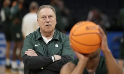 Michigan State basketball coach Tom Izzo looks on during warmups.