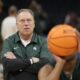 Michigan State basketball coach Tom Izzo looks on during warmups.