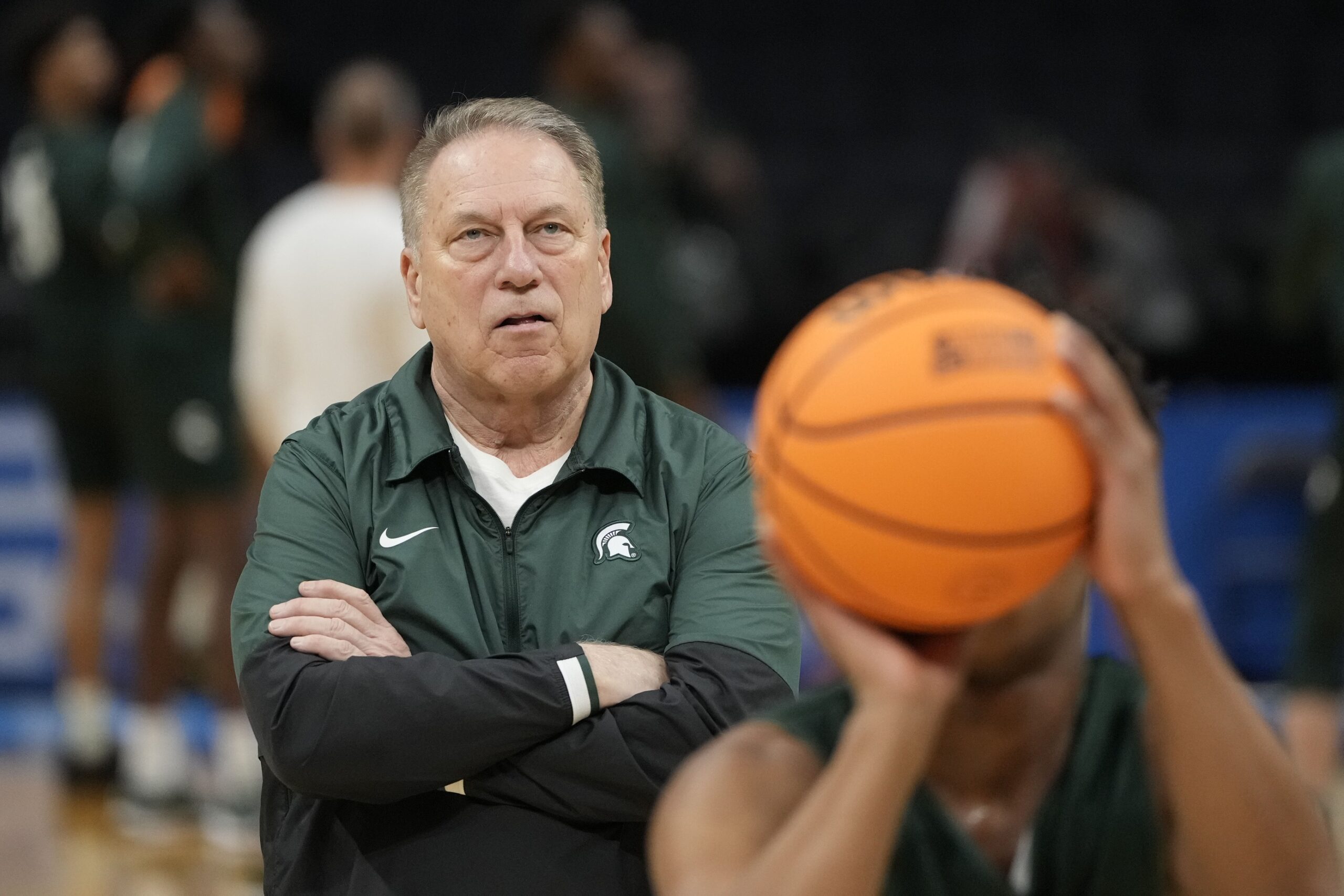 Michigan State basketball coach Tom Izzo looks on during warmups.