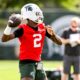 Michigan State football QB1 Aidan Chiles warms up during fall camp.