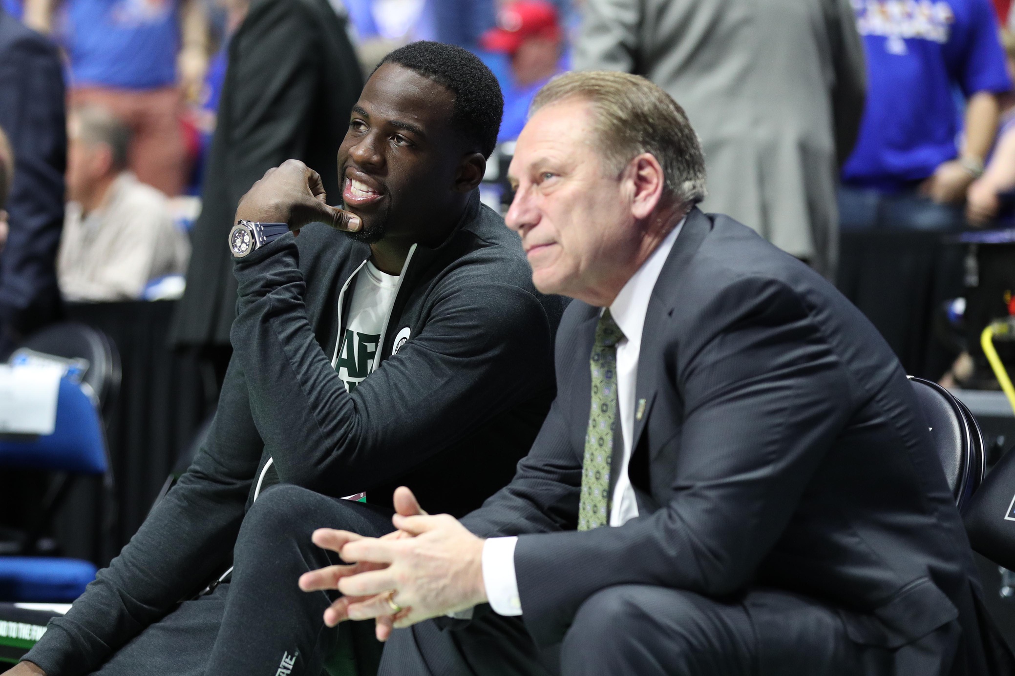 Michigan State basketball coach Tom Izzo speaking with Draymond Green.