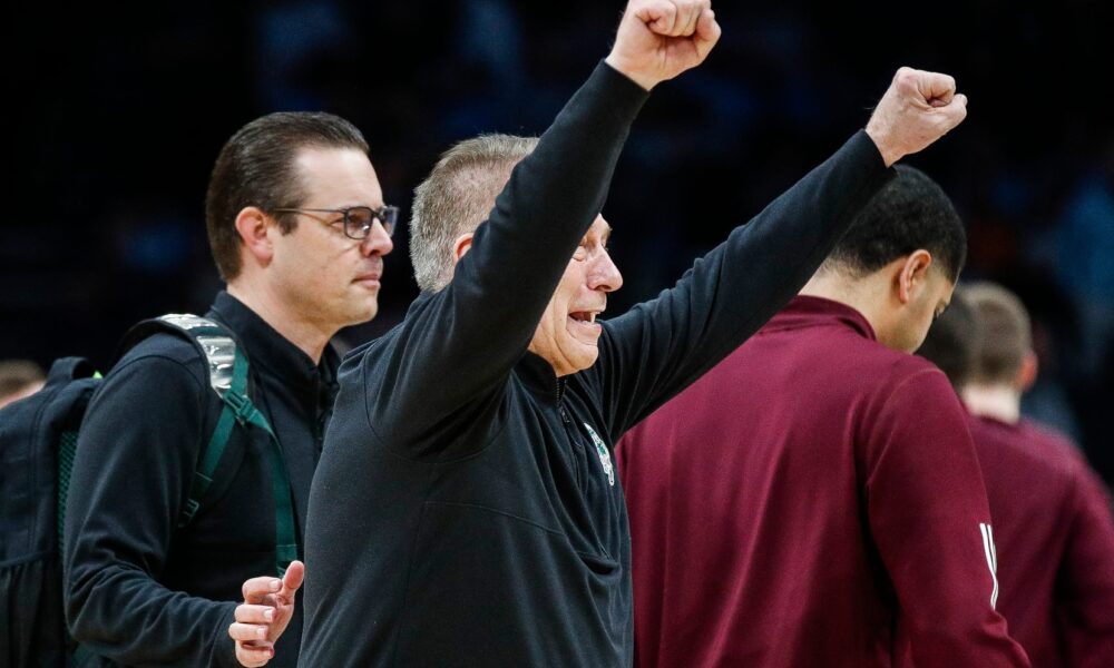 Michigan State basketball coach Tom Izzo celebrates a win.