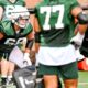 Michigan State football lineman Gavin Broscious goes through a fall camp drill.