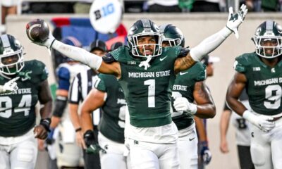 Michigan State football defensive back Nikai Martinez celebrates an interception.