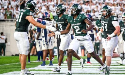 Michigan State football celebrates a touchdown against FAU.