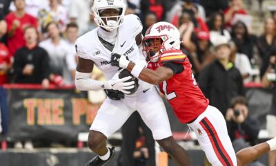 Michigan State football WR Jaron Glover catches a pass vs. Maryland.