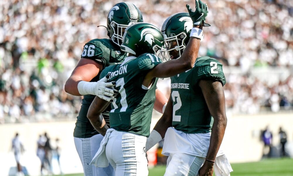 Michigan State football celebrates a touchdown vs. Prairie View A&M.