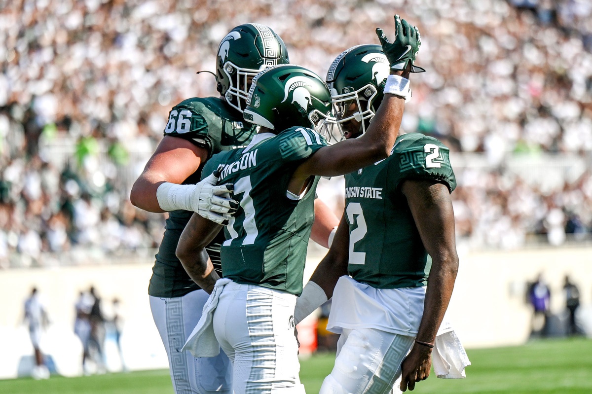 Michigan State football celebrates a touchdown vs. Prairie View A&M.