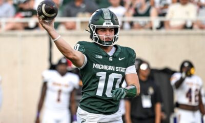 Michigan State football QB2 Tommy Schuster passes the ball vs. Prairie View A&M.