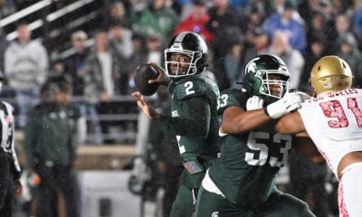 Michigan State football quarterback Aidan Chiles passes vs. Boston College