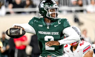 Michigan State football QB1 Aidan Chiles passes the ball vs. Ohio State.