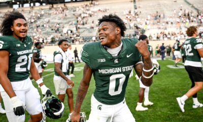 Michigan State football cornerback Charles Brantley celebrates a win.