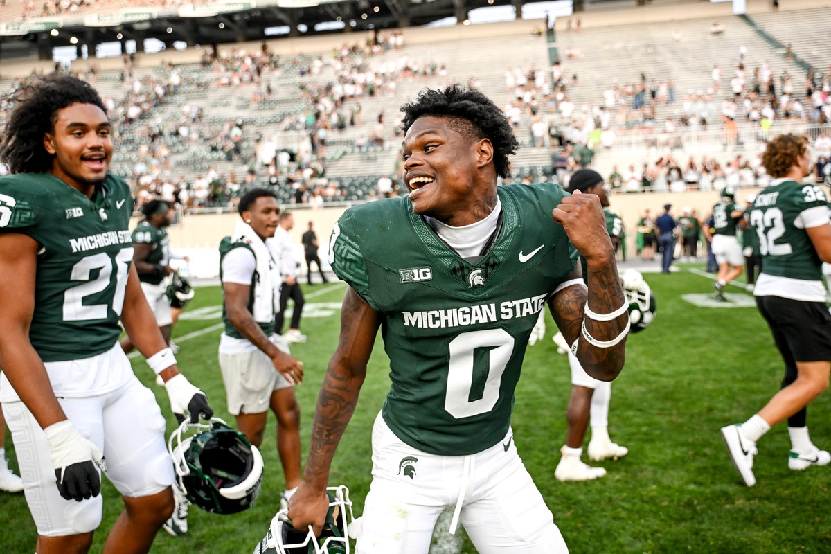 Michigan State football cornerback Charles Brantley celebrates a win.