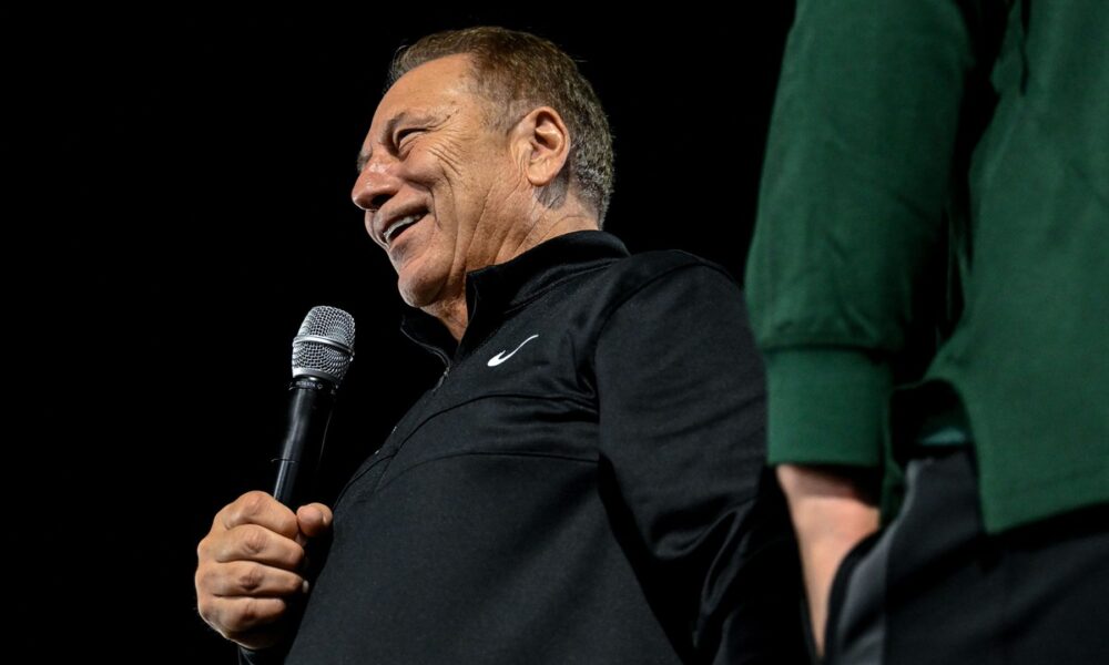 Michigan State basketball coach Tom Izzo speaks at the Izzone Campout.