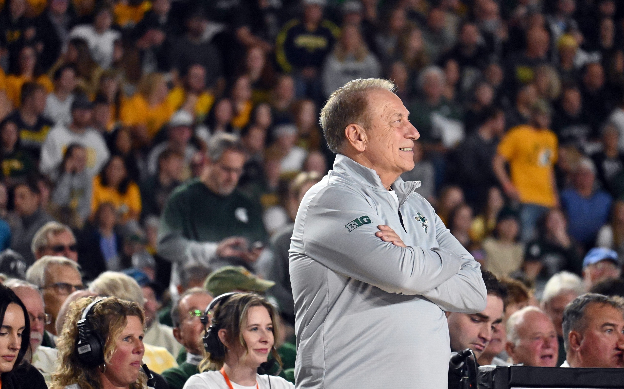 Michigan State basketball coach Tom Izzo on the sidelines during an exhibition win.