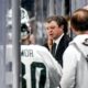 Michigan State hockey coach Adam Nightingale talks to his team.