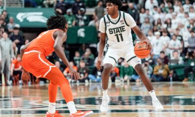 Michigan State basketball star Jase Richardson dribbles against Bowling Green